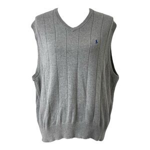 Men’s XL Knit Sweater Vest Polo Ralph Lauren Grey Ribbed Cotton V-Neck